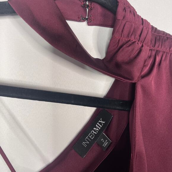 Intermix Size 2 Burgundy Red Silk Off The Shoulder Long Sleeve Blouse Mock Neck - Picture 10 of 13